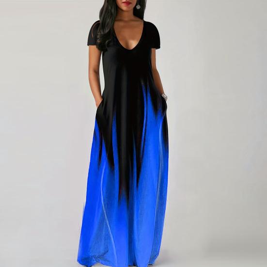 Женское летнее платье с глубоким вырезом и V-образным вырезом с коротким рукавом и контрастным градиентом цвета Свободные карманы длиной до пола Мягкое дышащее повседневное повседневное платье макси