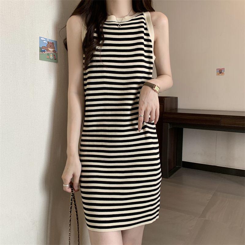 Корейское ретро-полосатое платье-безрукавка - летний стиль для женщин, милая и стильная узкая юбка на бедрах