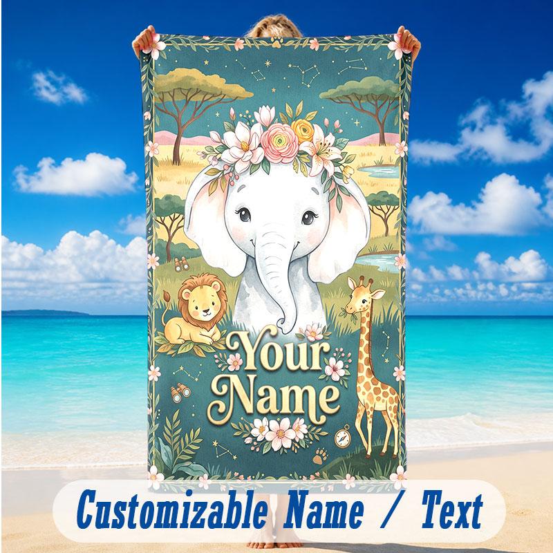 Elephant Theme Beach Towel Personalized Custom Name & Text Soft Quick Dry Beach Towel for Swimming Travel