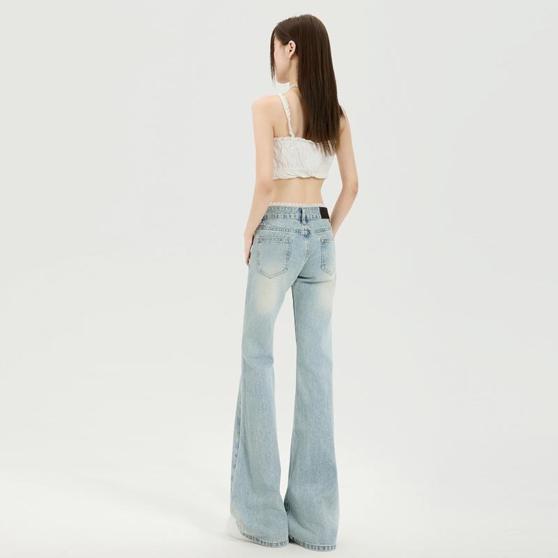 Lace splicing micro-pull jeans, women's summer new low-rise wide-leg thin, no-stick leg horn pants