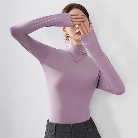 Women Bottoming Tops Half High Collar Long Sleeve Solid Color Slim Fit