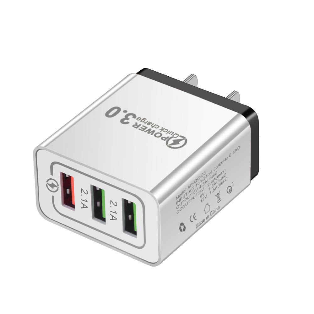 QC3.0 Multi-Port Travel Charger: 3 USB, Fast Charge 5V/9V/12V, 2.4A, US/EU Specs