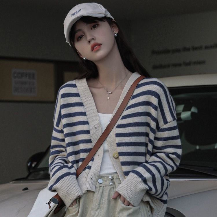 Полосатый вязаный кардиган, женский топ, осень 2023, новый маленький ароматный свободный короткий дизайн, свитер, кардиган, женское пальто
