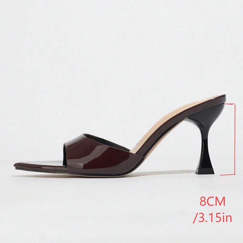 Fashion Sexy Pointed Toe Patent Leather 8CM Strange Thin Heels Slippers Women Summer Comfortable Slide Sandals Elegant Mules Flip Flops