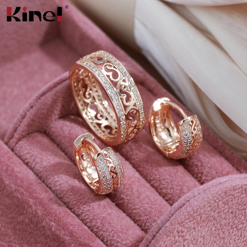 Kinel Vintage Rose Gold Color Hoop Earrings And Ring Sets Natural Zircon Jewelry Set