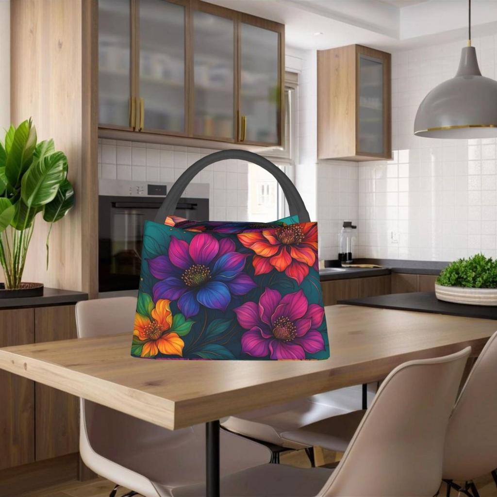 Vibrant Floral Insulated Lunch Bag Durable Oxford Fabric Thermal Meal Tote for Office School Picnic Travel Reusable Handbag
