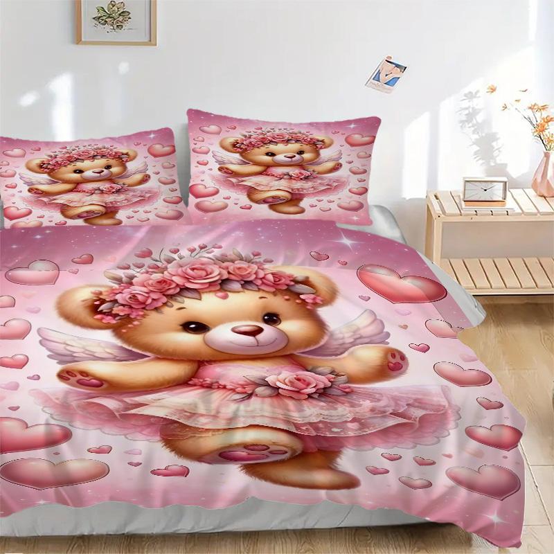 Pink Angel Bear Hearts Print 3Pcs Bedding Setduvet Cover With 2 Bedropillowcase Home Birthday Gift