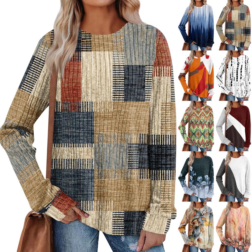 Women's Winter Color-Block Printed Lightweight Brushed-Cotton Round Neck Top