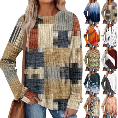 Женский зимний топ с круглым вырезом из легкого хлопка с начесом и принтом в стиле колор-блок