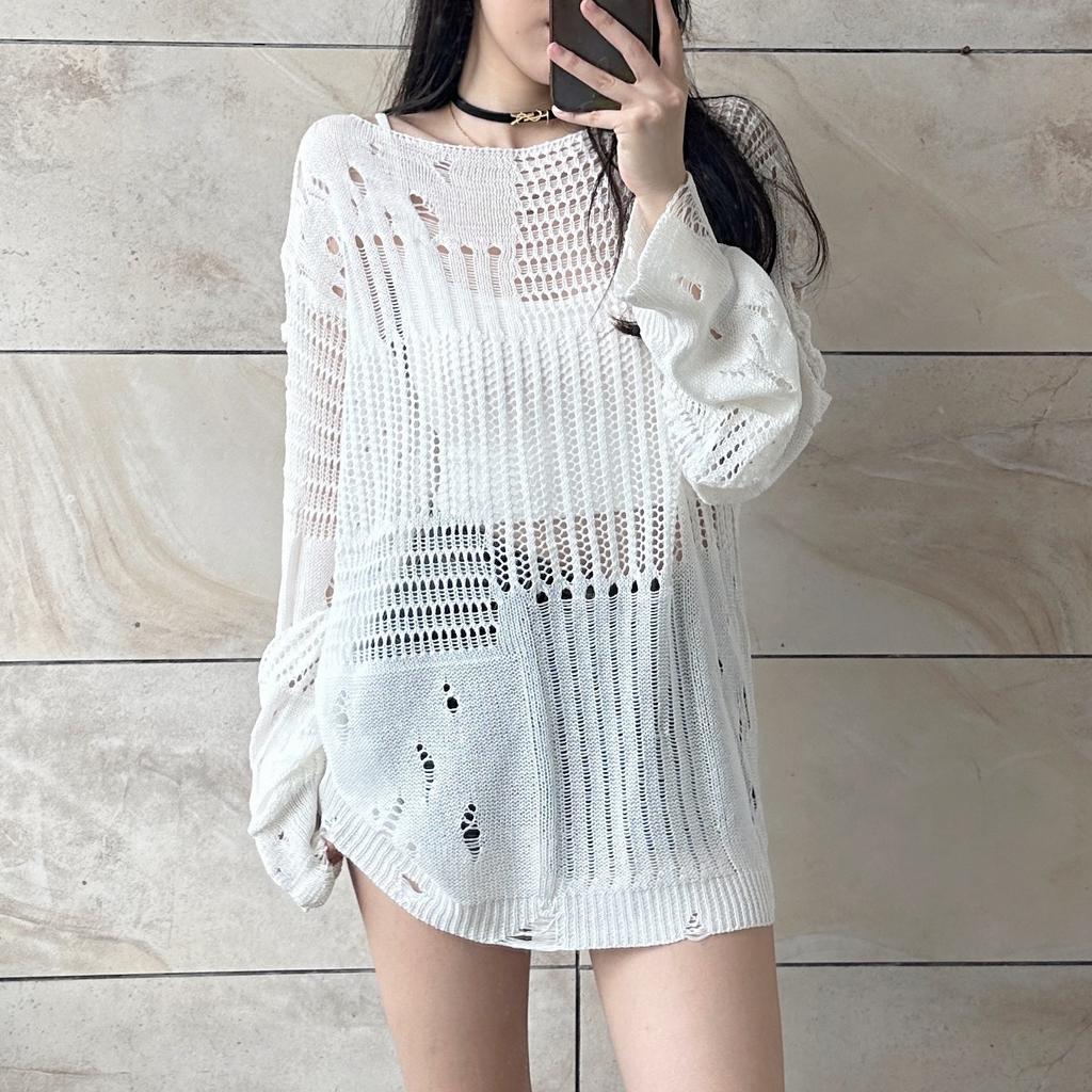 Hot Girl Top with Hollowed Out Woolen Fabric and Loose Design Long Sleeved See Through Women's Top