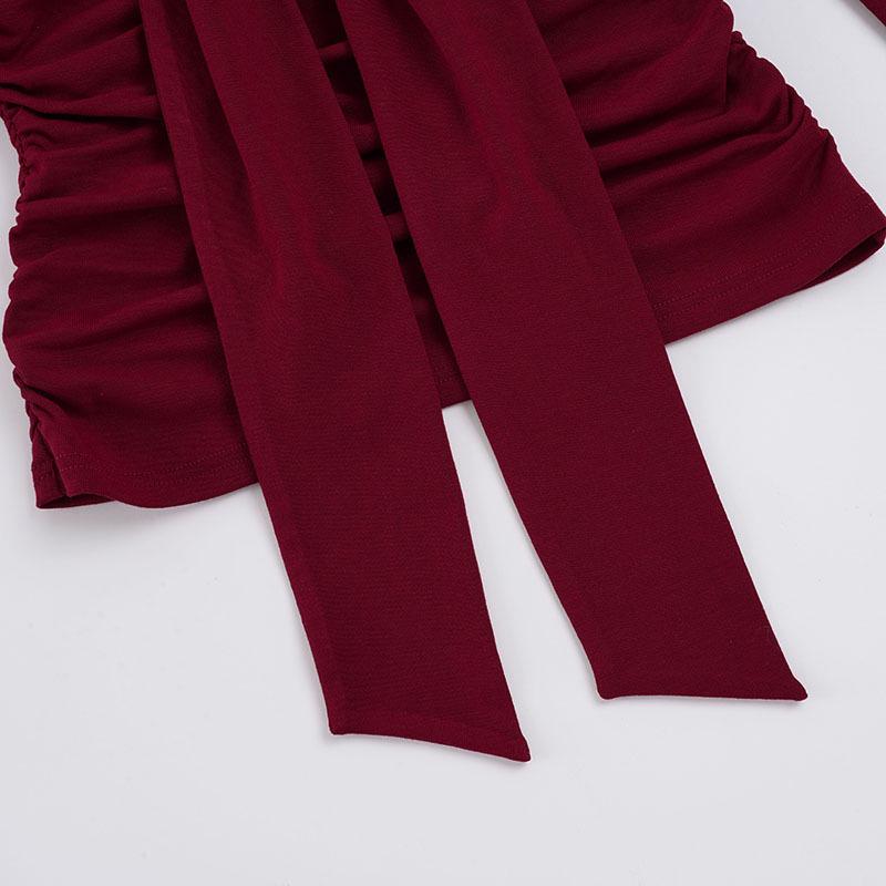 Korean Style Off-the-Shoulder Ruched Bow Top for Autumn/Winter: Trendy Slim Fit Christmas T-Shirt