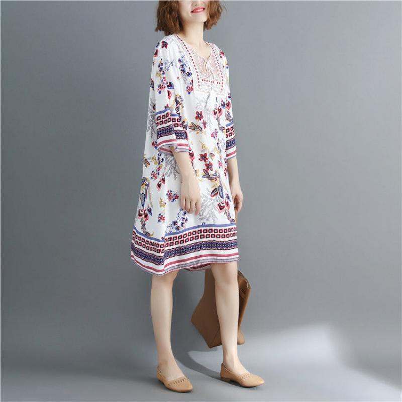 Fashion Dress Print Round Neck Dress Loose Large Size Korean Version of Seven-point Sleeve Straight Dress Summer Beach Skirt