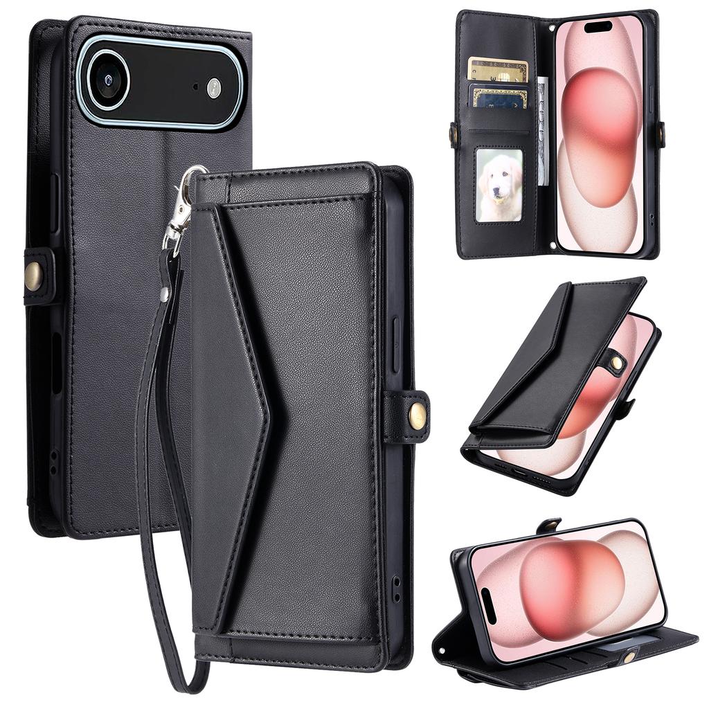 For iPhone 17 Air Leather Case with Wrist Strap Wallet Stand Phone Cover