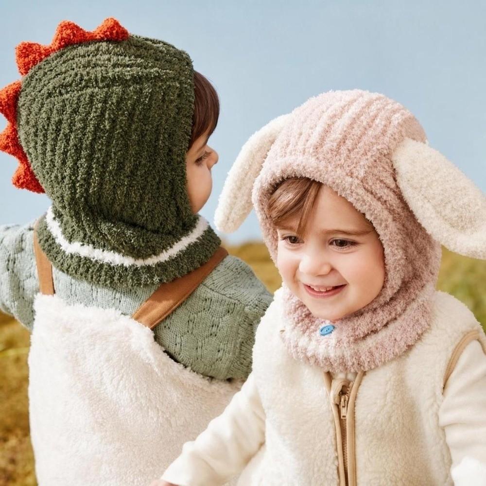 Plush Ball Kids Balaclava Hat Thickened Hooded Beanie Cartoon Kids Scarf Cap Winter