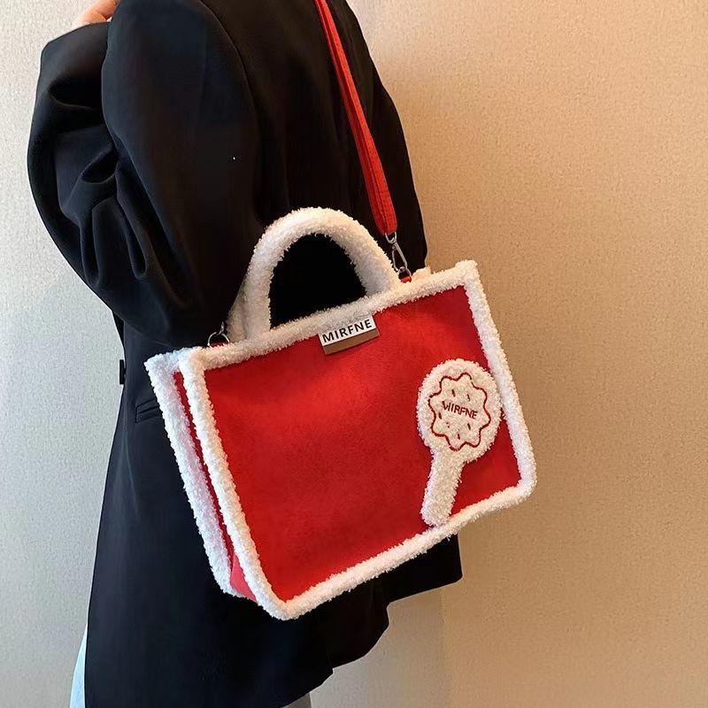 Lamb Wool Tote Bag Women Autumn Winter Large Capacity Commuting Casual Handbag Ladies College Student Class Crossbody Bag Warm