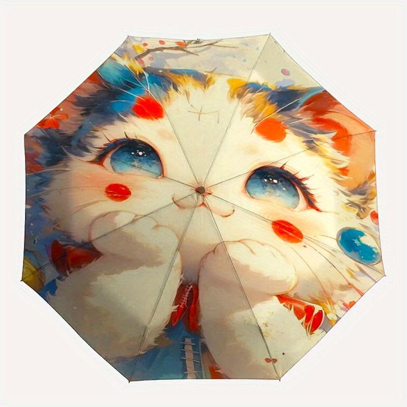 1pc Cute Little Cat Pattern Automatic 3-Fold Umbrella, 8 Steel Frames, High-Value Folding Umbrella, Suitable for Office, Travel and Outdoor Adven