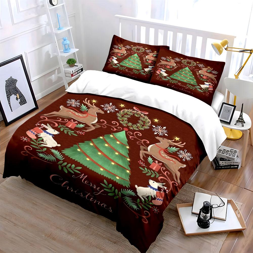Green tree, reindeer, wreath. Bedding sets Duvet cover sets Duvet covers Pillowcases(1 * Duvet Cover 2 * Pillowcases without duvet insert)