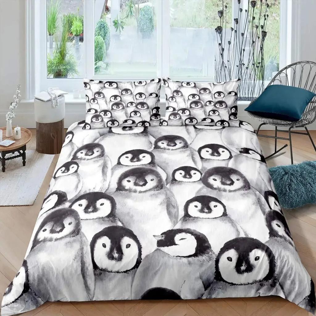 Penguin Duvet Cover Set Full Cute Animals Bedding Set Snow Decor Comforter Cover Set Cute Penguin Animal Quilt Cover Queen Size