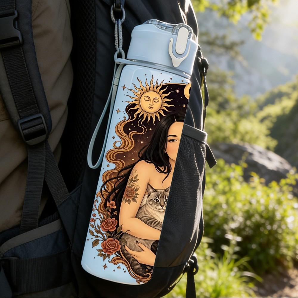 1PC Boho Woman With Flowers Portrait Print 750ml Color Plastic Sports Water Bottle Leakproof Flip Straw Lid Suitable for Sports Office Home Use