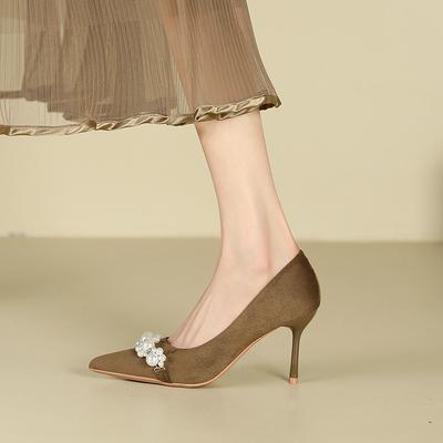 1-Острые туфли на высоком каблуке женские шпильки жемчужные одинарные туфли темперамент знаменитости однотонные супер высокий каблук замша