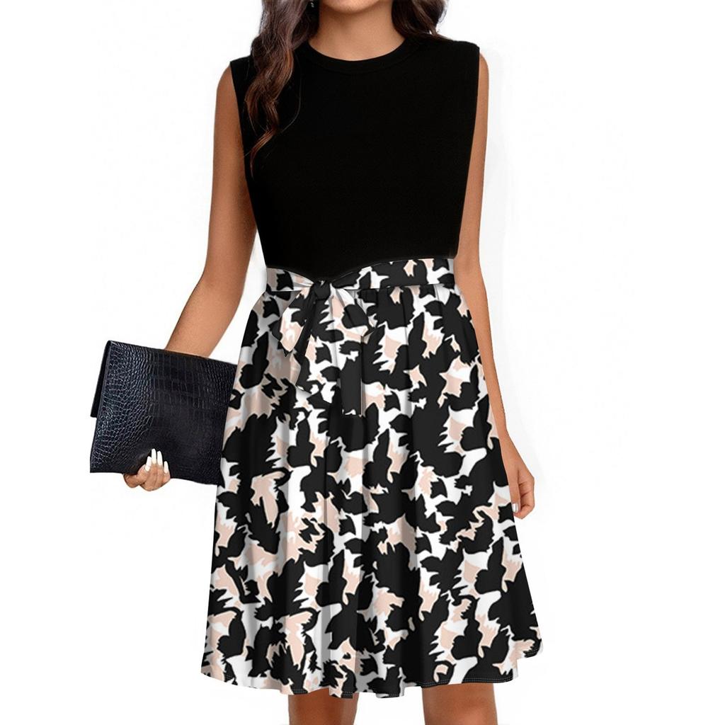 Women's Fashion Casual Lace-up Sleeveless Round Neck Splicing Short Dress