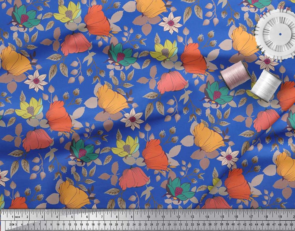 Soimoi Japan Crepe Satin Fabric Leaves & Floral Artistic Fabric Prints By Metre 42 Inch