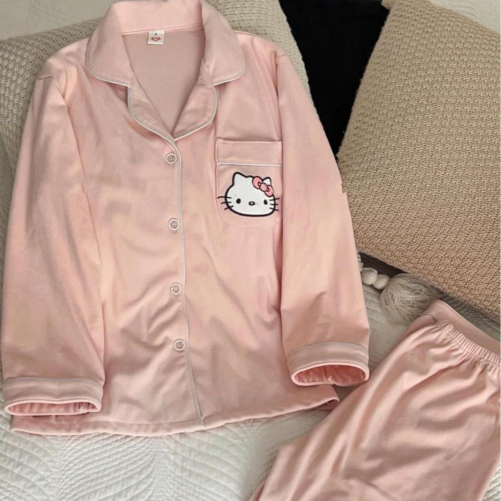 Женская велюровая пижама Hello Kitty - Коралловый флис, Толстая, с длинным рукавом, для осенне-зимней домашней одежды.