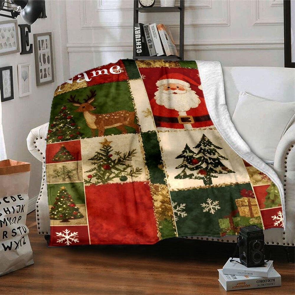 Christmas Deer And Santa Claus Home Customize Your Name Blankets Soft Cozy Lightweight Quilted Blanket For Picnic Sofa Office Bed Living Room Perfect