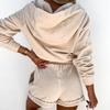 Women Solid Color Long Sleeve V-Neck Hoodies Suit Autumn Winter Loose Top Wide Leg Short Pants
