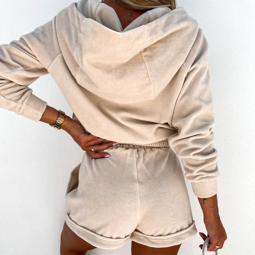 Women Solid Color Long Sleeve V-Neck Hoodies Suit Autumn Winter Loose Top Wide Leg Short Pants