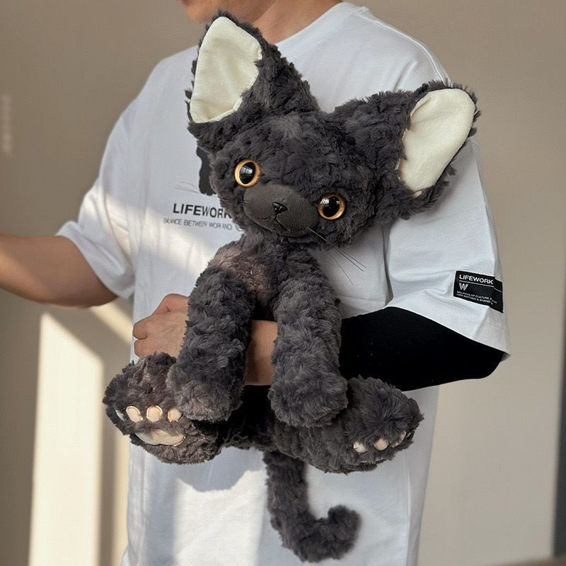 35 СМ Милая Черная Кошка Плюшевая Игрушка Подушка Бежевая Кудрявая KUKI Черная Кошка Кукла с Длинной Шерстью Большие Глаза Праздничный Подарок Подарок на День Рождения Ребенка