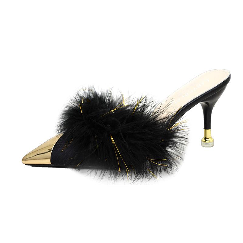 2024 Новые туфли Baotou на высоком каблуке с острым носком, женские туфли Muller на толстом каблуке, модные туфли-лодочки с перьями в стиле феи