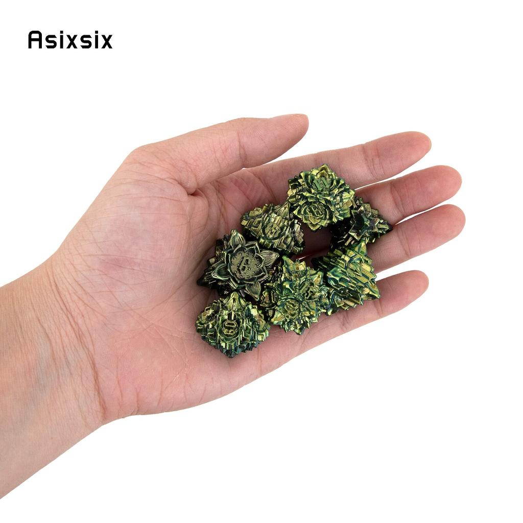 7 Pcs Green Yellow Lotus Flower  Metal Dice Solid Metal Polyhedral Dice Set Suitable for Role-Playing RPG  Board Game Card Game