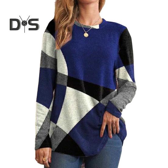 Женские топы с геометрическим узором и лоскутным узором, с круглым вырезом, длинными рукавами, декором из пуговиц, повседневная блузка, свободный крой, туника