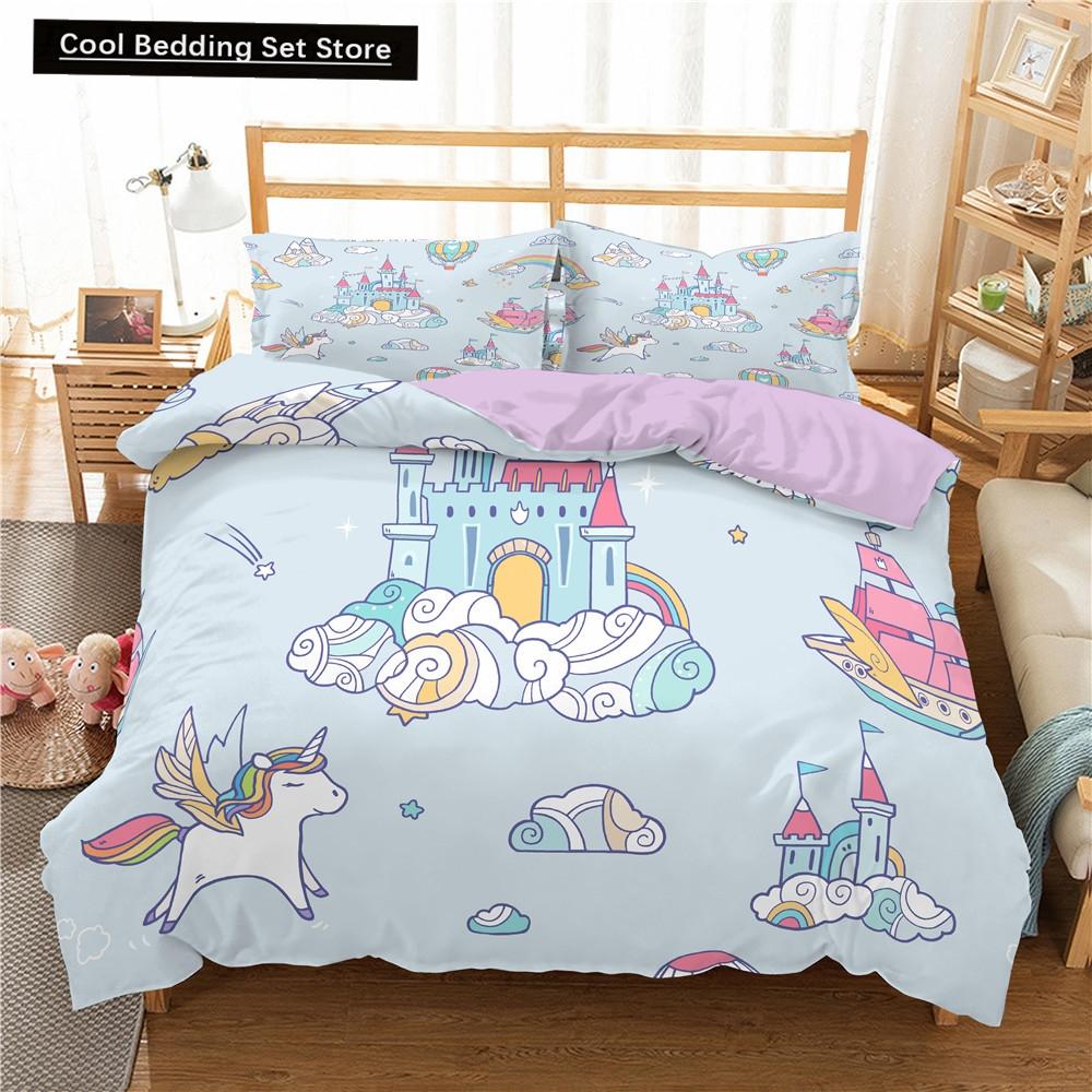 Kids Cartoon Duvet Cover Set Full/Queen Microfiber 3D Bedding Set Soft Pink Castle Princess Comforter Cover with Home Textile