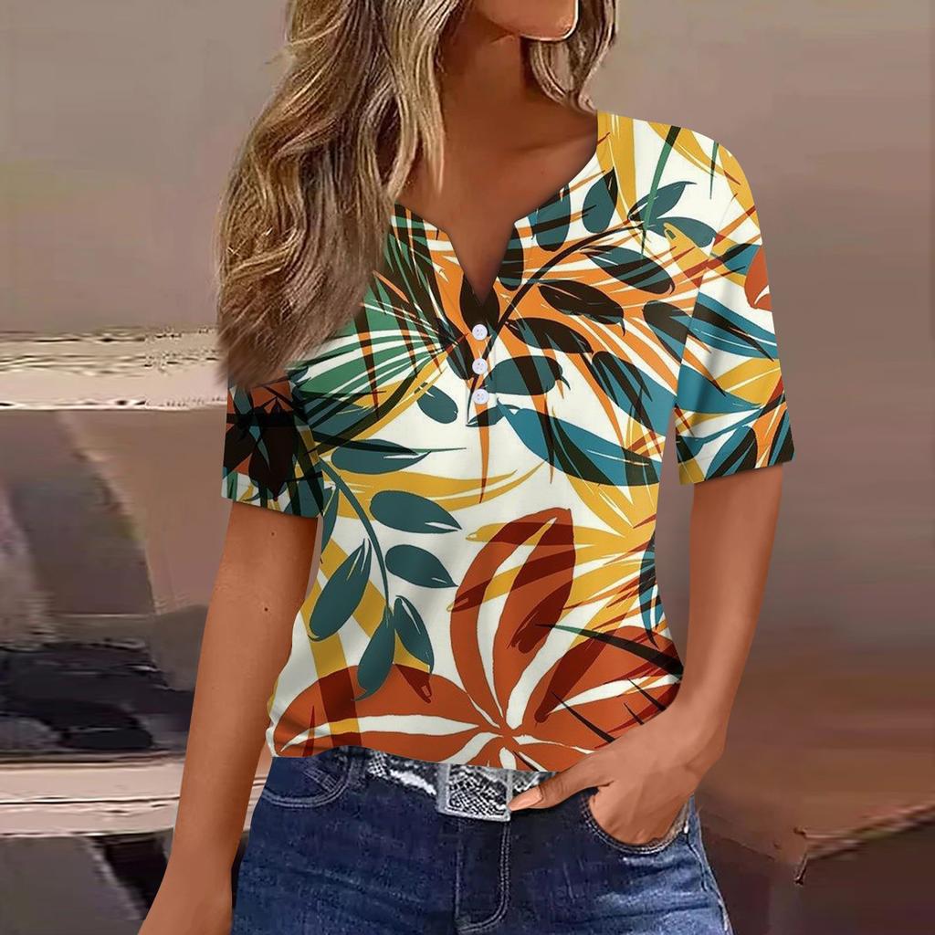 Women's T Shirt Print Button Short Sleeve Daily Weekend Fashion Basic V- Neck Regular Top