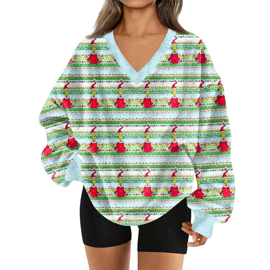 Женский модный пуловер с V-образным вырезом, рождественским принтом, длинным рукавом, повседневный, плюшевый, теплый, с карманом, толстовка, топ