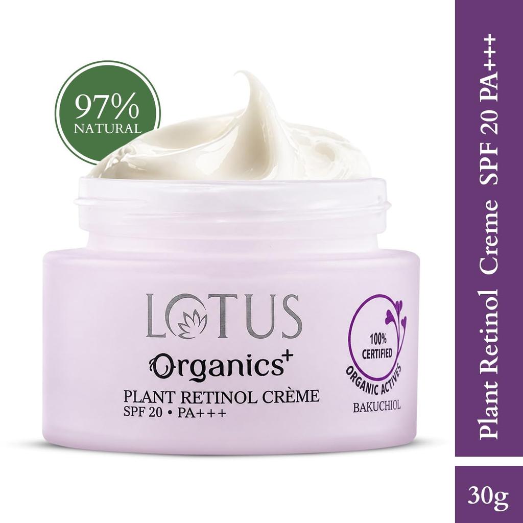 Крем с бакучиолом Lotus Organics+ (растительный ретинол) | 100% сертифицированный органический бакучиол | Антивозрастной крем для лица от мелких морщин и для увлажнения | SPF 20 | PA+