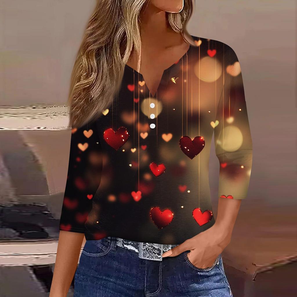 Женский повседневный универсальный топ с V-образным вырезом и рукавом три четверти на пуговицах с принтом ко Дню святого Валентина