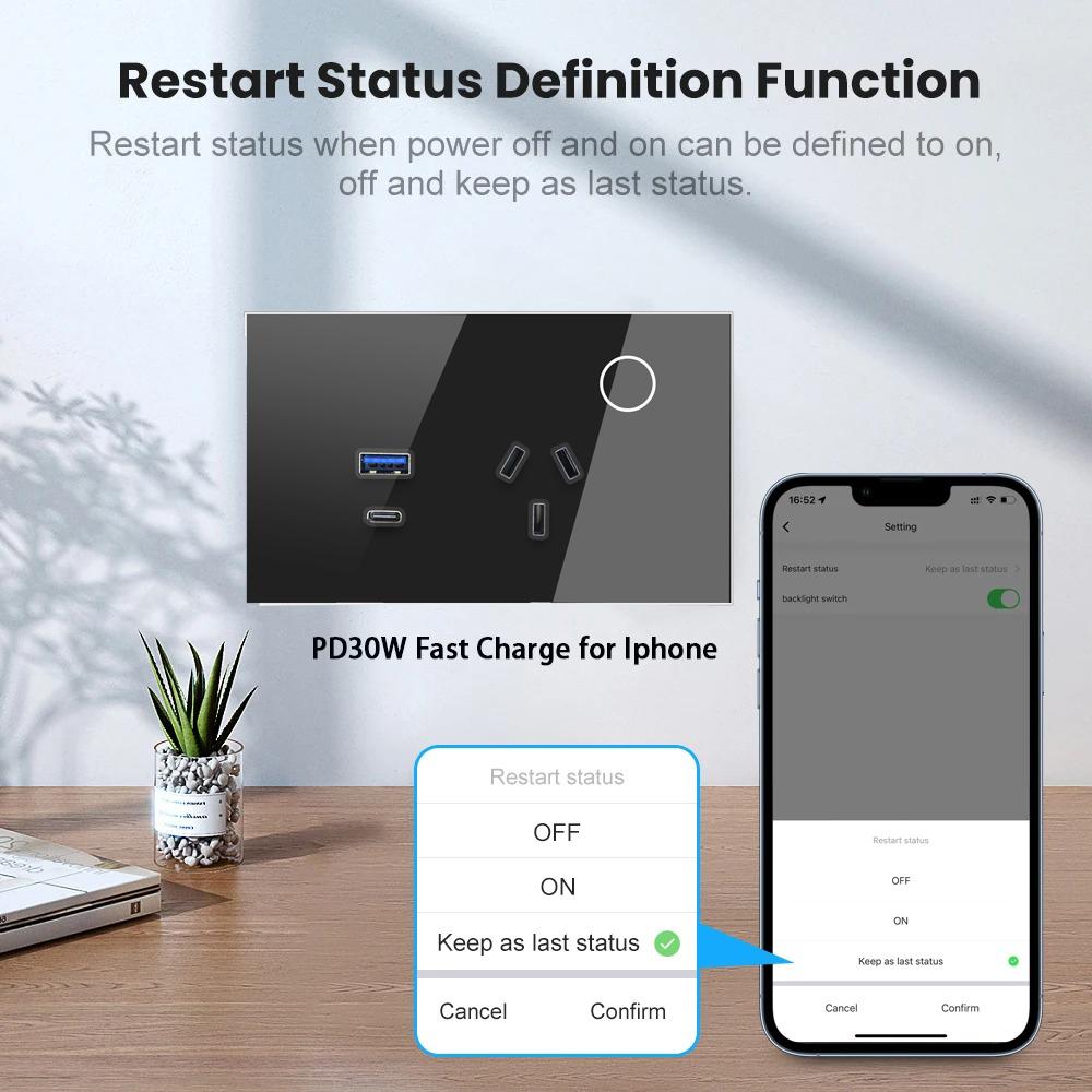 Melery Аргентинская настенная розетка WIFI Tuya Smart Australia Plug USB Type-C 30 Вт розетка Power Touch Sensor Remote от Alexa Google Home