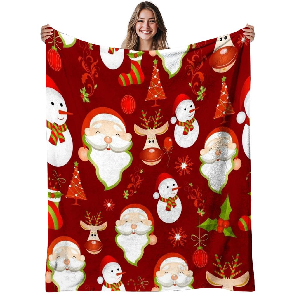 1pc Heavyweight 280gsm Flannel Blanket - Soft Warm All-Season Red & Burgundy Christmas Bedspread with Santa, Snowman, Reindeer & Rudolph Print - Cozy