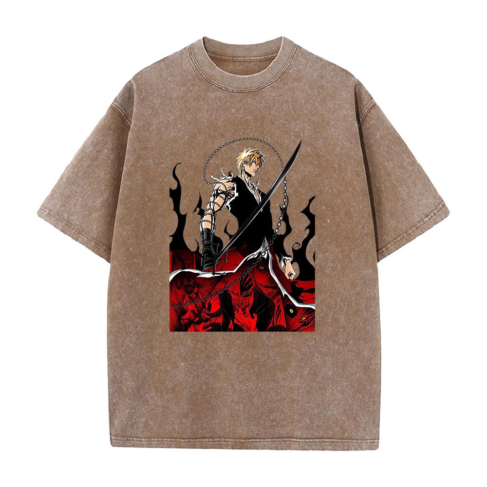 Kurosaki Ichigo BLEACH Clothing Men Women Short Sleeve Manga Tshirts Vintage Washed T Shirt Casual Cotton Tee Harajuku Tshirt