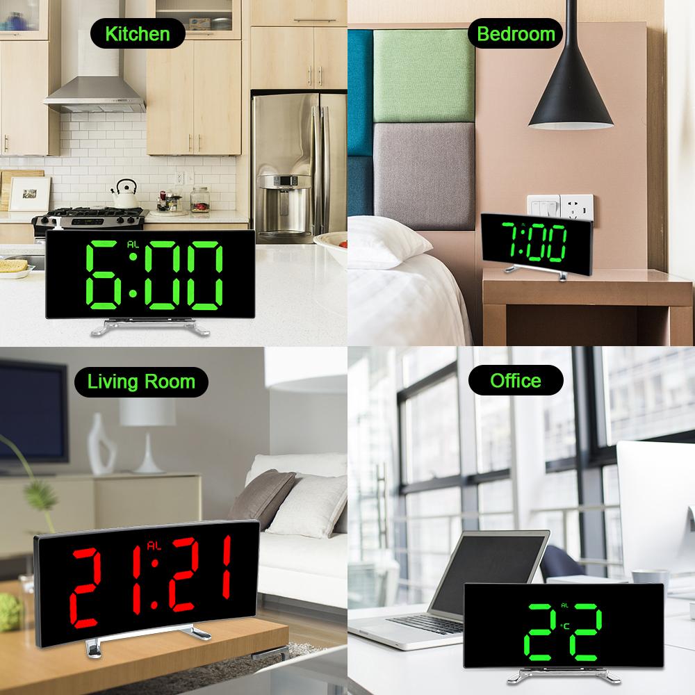 LED Screen Digital Alarm Clock Curved Dimmable Mirror Clock 7 Inch For Kids Bedroom
