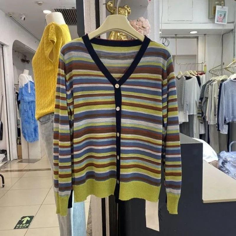 Contrasting Color Rainbow Stripe Knitted Cardigan Autumn and Winter New Fashion Temperament Age-reducing and Thin Long-sleeved Sweater