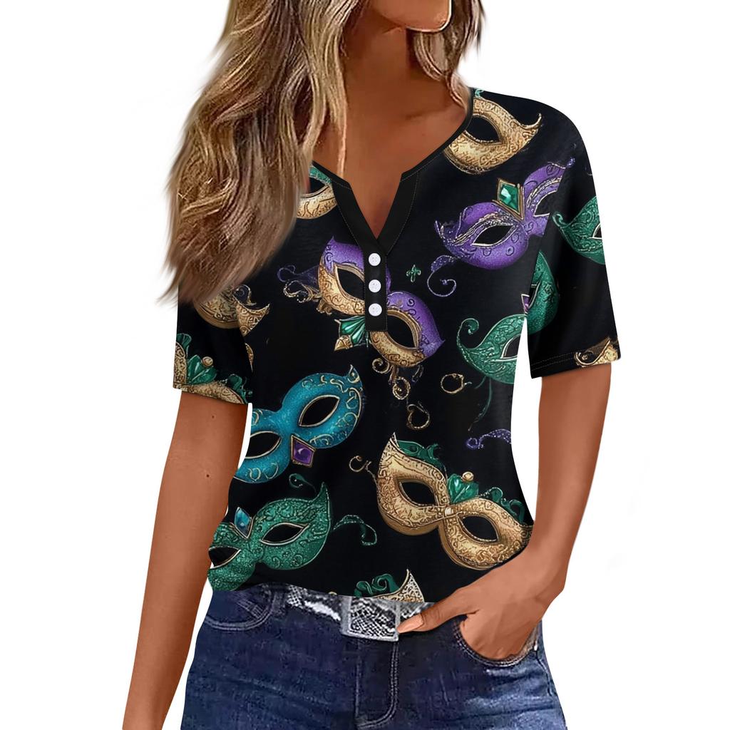 Жен. Футболка Футболка С принтом Пуговицы С короткими рукавами Повседневные Выходные Мода Классический V-образный вырез Обычный Верх