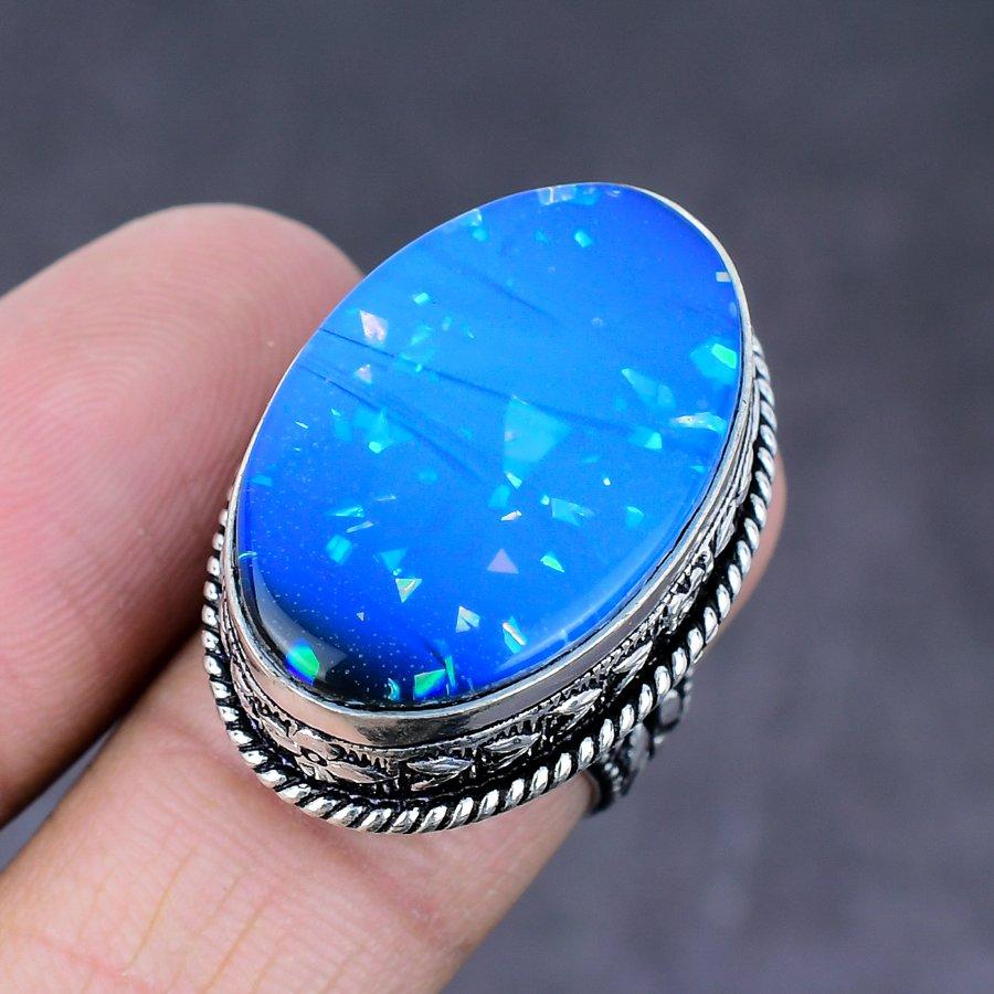Кольцо из натурального голубого триплетного опала ручной работы из стерлингового серебра 925 пробы, размер 6,5 C8y44