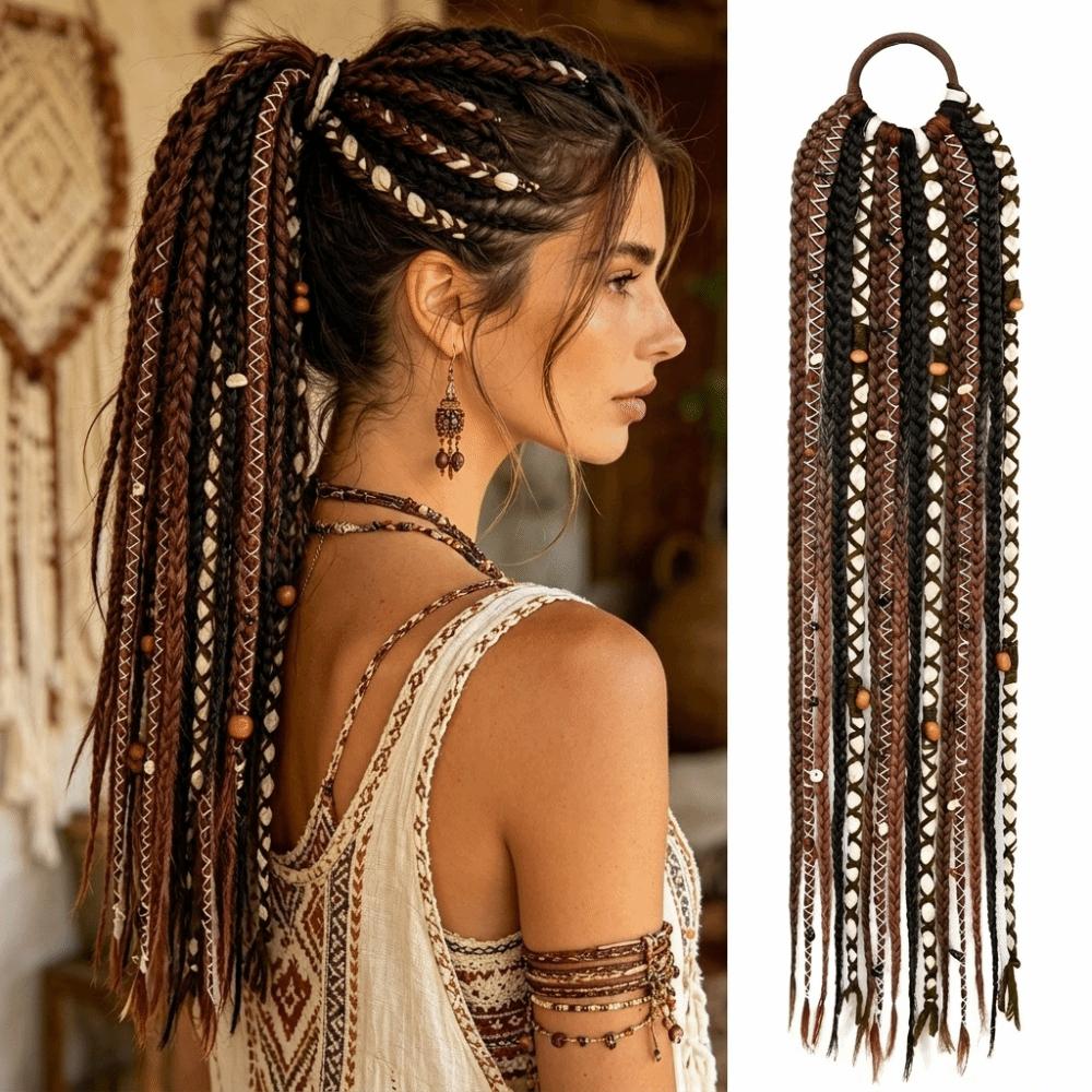 Beaded Accents Braided Ponytail Extension Hand Woven Boho Braid Dreadlock Hairpiece  Daily Styling