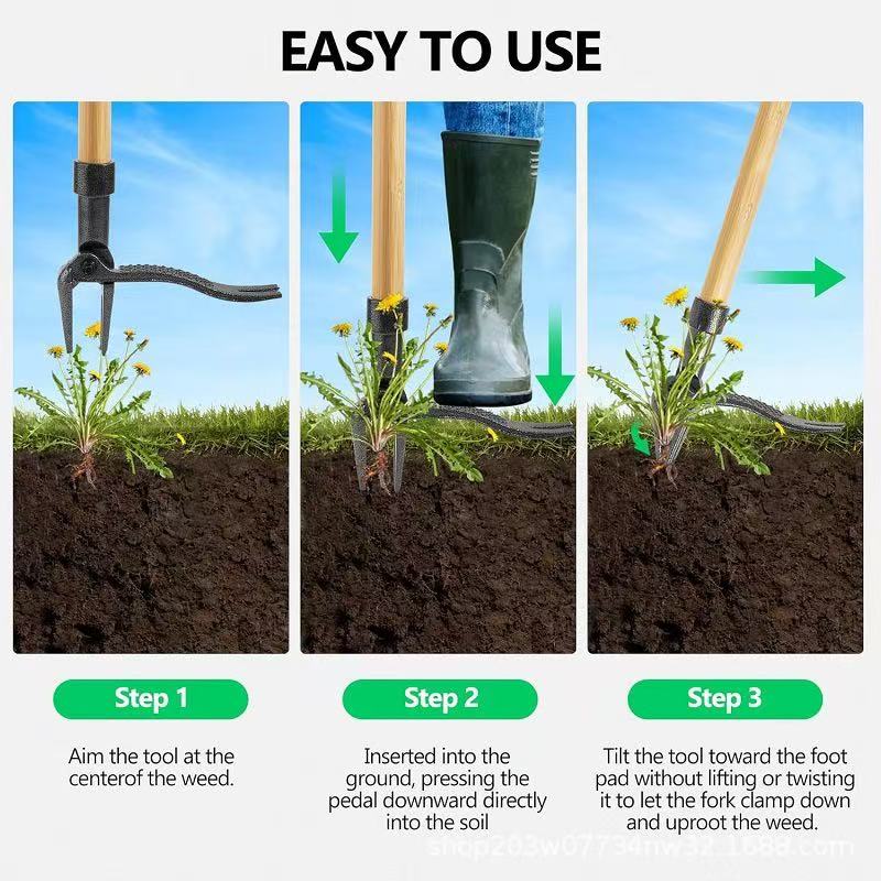 Прополка, Инструмент для удаления сорняков стоя с длинной ручкой , Конструкция стальной головки с 4 зубьями Легко удаляет сорняки без наклонов, выдергивания или колен.