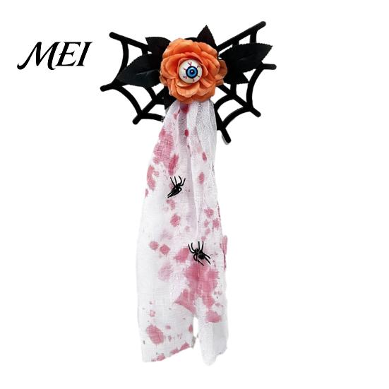 Easy Install Hanging Spiders Halloween Decoration, Spooky Wooden Spider Web Skeleton Hand Wall Black for Porch Ornament with Blood Gauze Indoor
