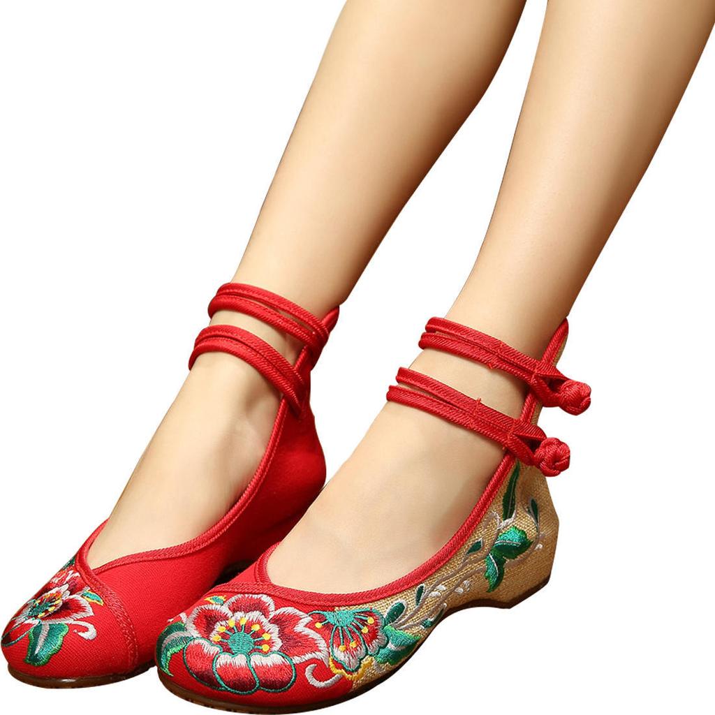 Chinese Embroidered Hibiscus Flowers Cloth Shoes Women's Shoes and Linen Tendon Soles